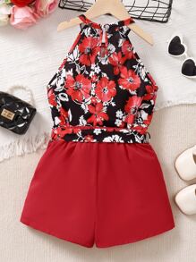 SHEIN 女孩印花掛脖上衣和紐扣細節附腰帶短褲 - 彩色 - 查看 2