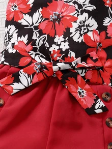 SHEIN 女孩印花掛脖上衣和紐扣細節附腰帶短褲 - 彩色 - 查看 4