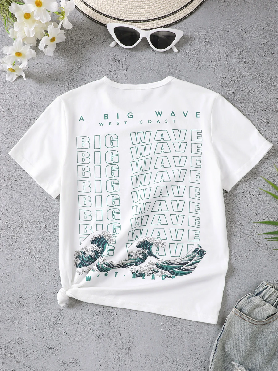 SHEIN Chicas Camiseta de onda & con estampado de letra - Blanco - Ver 1