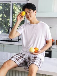 Men Solid Sleep Tee & Plaid Print Shorts - Multicolor - View 3