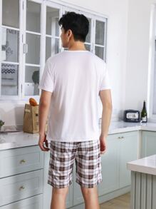Men Solid Sleep Tee & Plaid Print Shorts - Multicolor - View 2