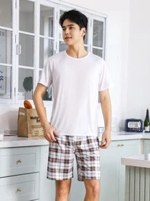 Men Solid Sleep Tee & Plaid Print Shorts - Multicolor - View 1