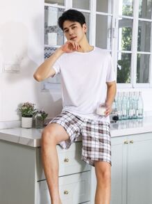 Men Solid Sleep Tee & Plaid Print Shorts - Multicolor - View 4