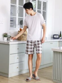 Men Solid Sleep Tee & Plaid Print Shorts - Multicolor - View 6