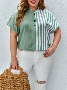 SHEIN LUNE Áo sơ mi Plus Size Nút phía trước Sọc Giải trí - Nhiều màu - Xem 1