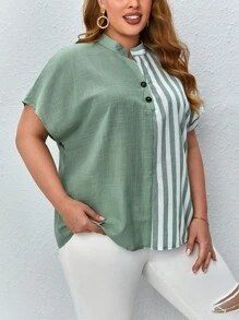 SHEIN LUNE Áo sơ mi Plus Size Nút phía trước Sọc Giải trí - Nhiều màu - Xem 3
