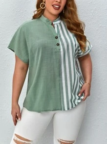 SHEIN LUNE Áo sơ mi Plus Size Nút phía trước Sọc Giải trí - Nhiều màu - Xem 4