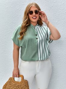 SHEIN LUNE Áo sơ mi Plus Size Nút phía trước Sọc Giải trí - Nhiều màu - Xem 5