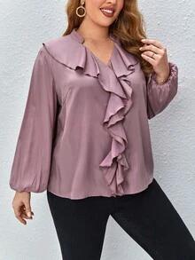 SHEIN Clasi Blusa ribete con fruncido de manga farol - Púrpura malva - Ver 4
