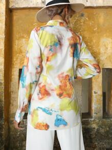 GENKIRA Áo sơ mi nữ Thắt lưng Nút phía trước Cà vạt nhuộm Giải trí - Màu be - Xem 2