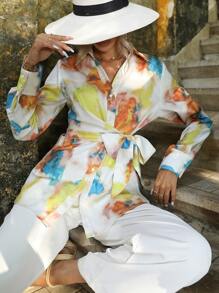 GENKIRA Áo sơ mi nữ Thắt lưng Nút phía trước Cà vạt nhuộm Giải trí - Màu be - Xem 3