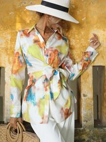 GENKIRA Áo sơ mi nữ Thắt lưng Nút phía trước Cà vạt nhuộm Giải trí - Màu be - Xem 4