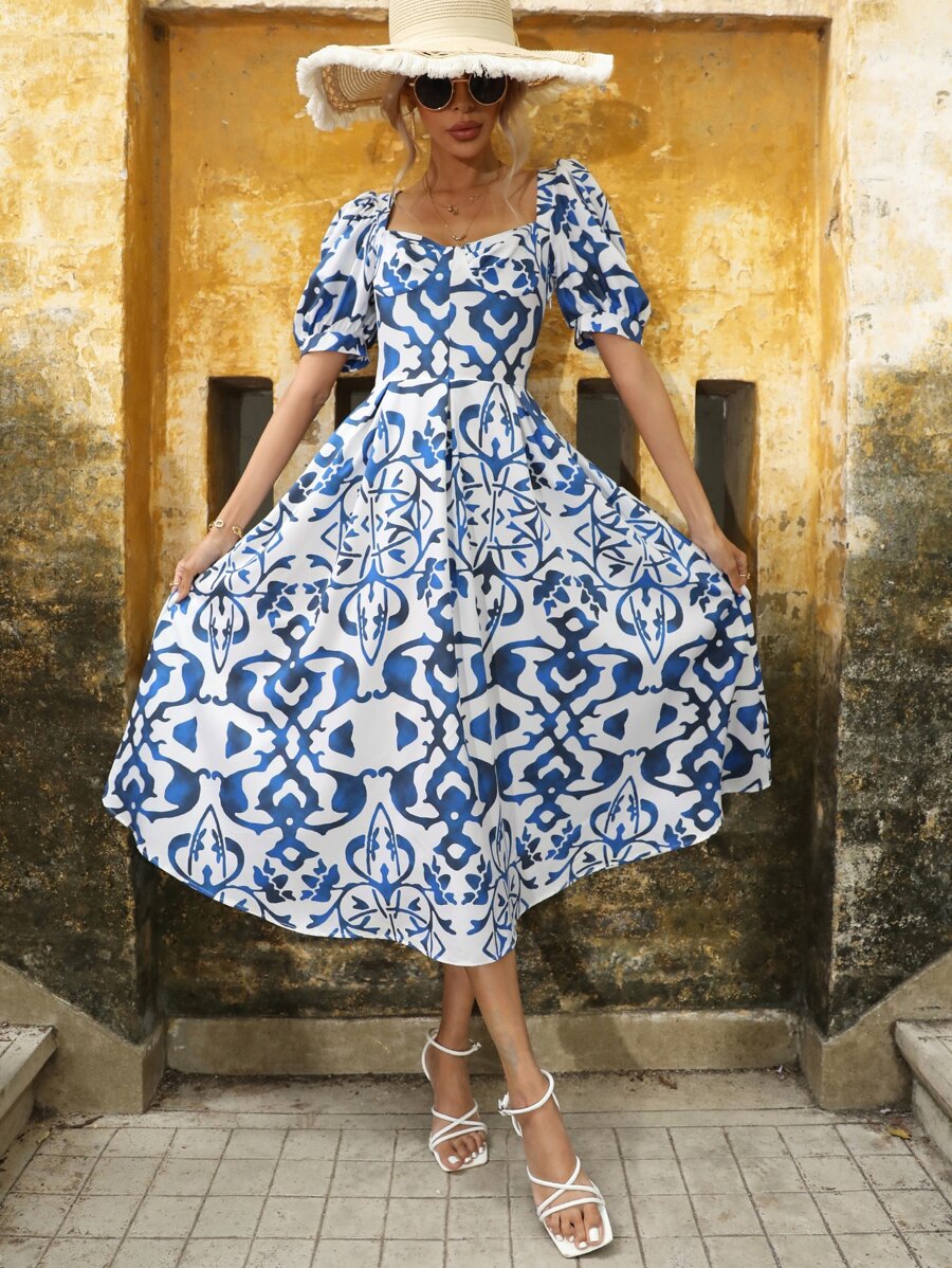 SHEIN VCAY All Over Print Puff Sleeve Dress Without Belt - Blue and White - View 1