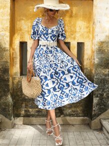 SHEIN VCAY All Over Print Puff Sleeve Dress Without Belt - Blue and White - View 6