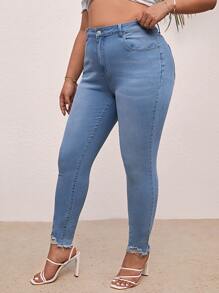SHEIN Plus High Waist Ripped Frayed Hem Skinny Jeans - Light Wash - View 1
