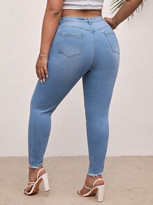 SHEIN Plus High Waist Ripped Frayed Hem Skinny Jeans - Light Wash - View 2