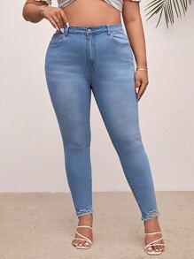 SHEIN Plus High Waist Ripped Frayed Hem Skinny Jeans - Light Wash - View 3