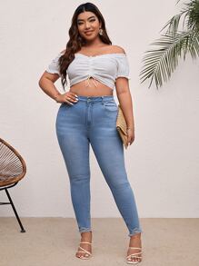 SHEIN Plus High Waist Ripped Frayed Hem Skinny Jeans - Light Wash - View 5