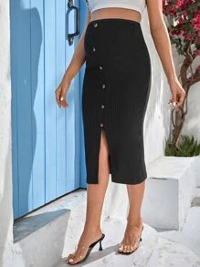 SHEIN Maternity Adjustable Waist Button Front Pencil Skirt - Black - View 4