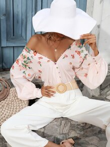 SHEIN VCAY Floral Print Mock Neck Raglan Sleeve Button Front Shirt - Apricot - View 1