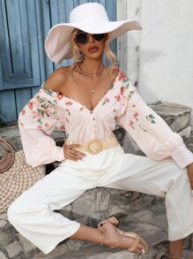 SHEIN VCAY Floral Print Mock Neck Raglan Sleeve Button Front Shirt - Apricot - View 3