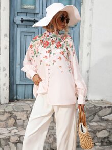 SHEIN VCAY Floral Print Mock Neck Raglan Sleeve Button Front Shirt - Apricot - View 6