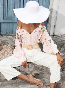 SHEIN VCAY Floral Print Mock Neck Raglan Sleeve Button Front Shirt - Apricot - View 7