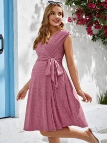 SHEIN Maternity Surplice Neck Belted Dress - Dusty Pink - View 4