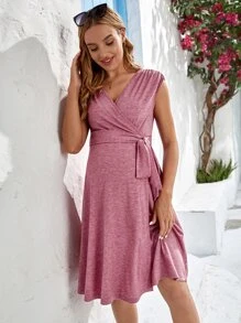 SHEIN Maternity Surplice Neck Belted Dress - Dusty Pink - View 1