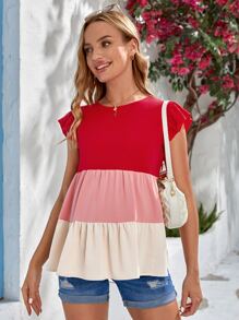 SHEIN Maternity Colourblock Butterfly Sleeve Blouse - Red - View 4