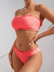 SHEIN Swim Summer Beach Frill Trim Bandeau Bikini Set - Coral Orange - View 4