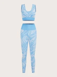 Marble Print Wide Waistband Sports Set - Blue and White - View 5
