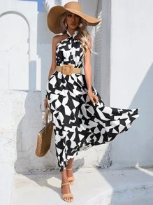 Aveloria 幾何印花露背掛脖連衣裙不附腰帶 - 黑與白 - 查看 1