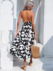 Aveloria 幾何印花露背掛脖連衣裙不附腰帶 - 黑與白 - 查看 2