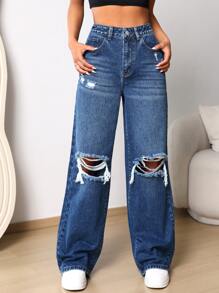 Ripped Frayed Straight Leg Jeans - Dark Wash - View 1