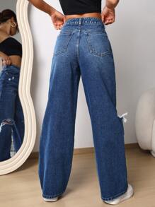 Ripped Frayed Straight Leg Jeans - Dark Wash - View 2