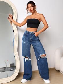 Ripped Frayed Straight Leg Jeans - Dark Wash - View 3