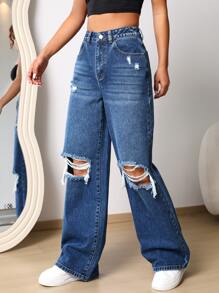 Ripped Frayed Straight Leg Jeans - Dark Wash - View 4
