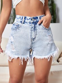 SHEIN PETITE Ripped Raw Hem Denim Shorts - Light Wash - View 1