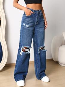 Ripped Frayed Straight Leg Jeans - Dark Wash - View 6