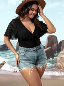 SHEIN Clasi Body girante delantero de malla en contraste - Negro - Ver 4