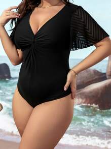 SHEIN Clasi Body girante delantero de malla en contraste - Negro - Ver 1