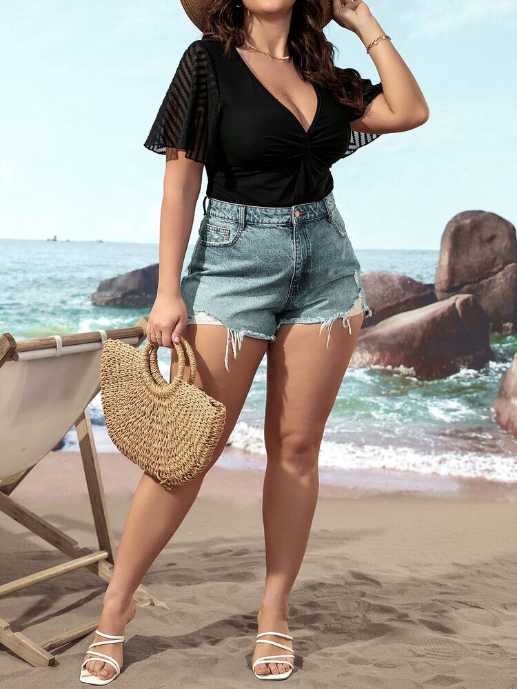 SHEIN Clasi Plus Twist Front Contrast Mesh Bodysuit - Black - View 7