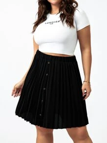 Calvaya Plus High Waist Single Breasted Pleated Skirt - Black - View 1