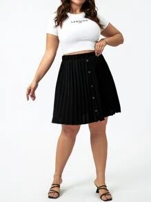 Calvaya Plus High Waist Single Breasted Pleated Skirt - Black - View 3