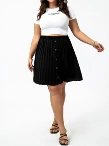 Calvaya Plus High Waist Single Breasted Pleated Skirt - Black - View 4