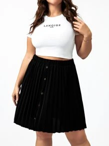 Calvaya Plus High Waist Single Breasted Pleated Skirt - Black - View 5