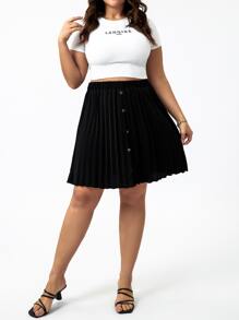 Calvaya Plus High Waist Single Breasted Pleated Skirt - Black - View 6
