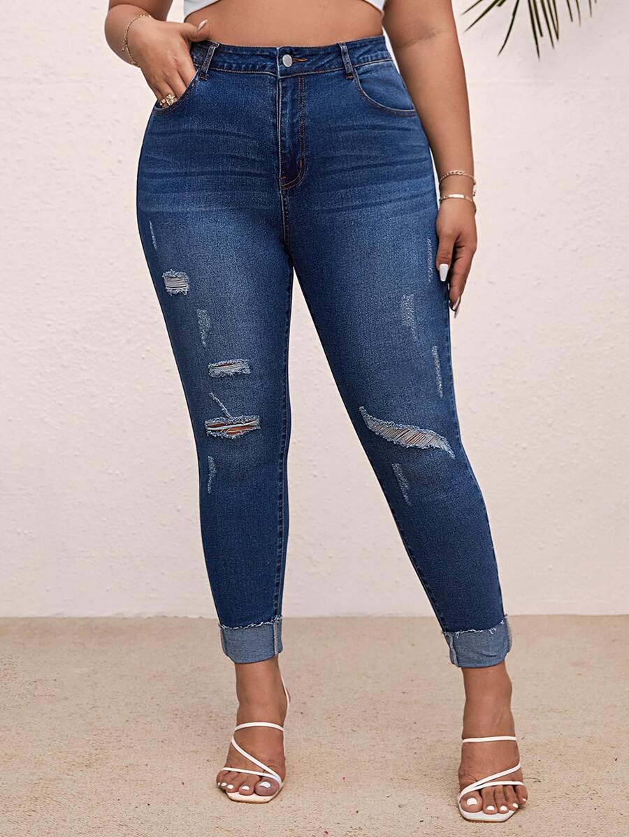 SHEIN Essnce Jeans ajustados desgarro - Azul lavado oscuro - Ver 1