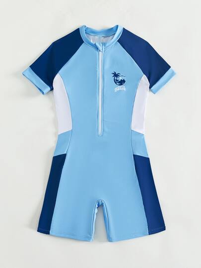 少年男孩卡通圖形拉鍊前開連體泳衣